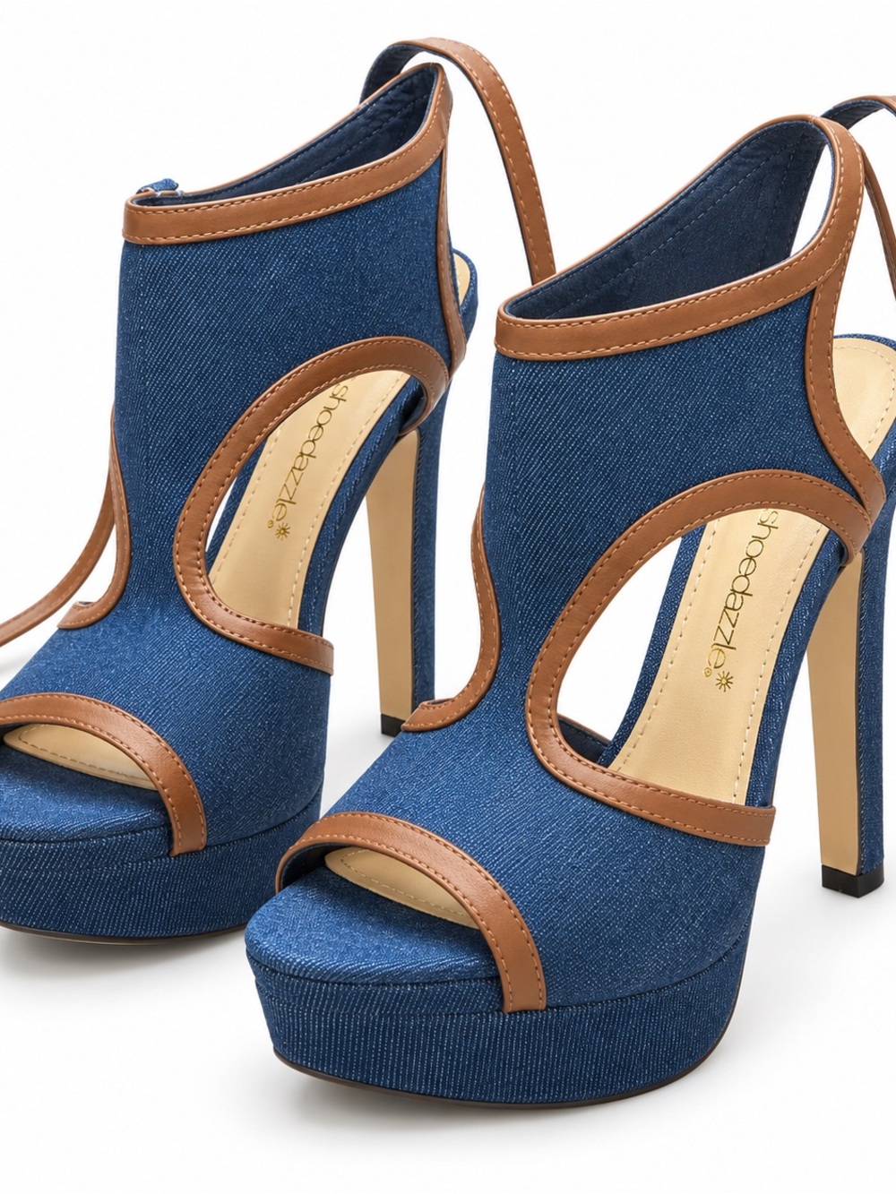 Shoe Dazzle Blue Denim Platform Slingback Heels with Brown Trim
